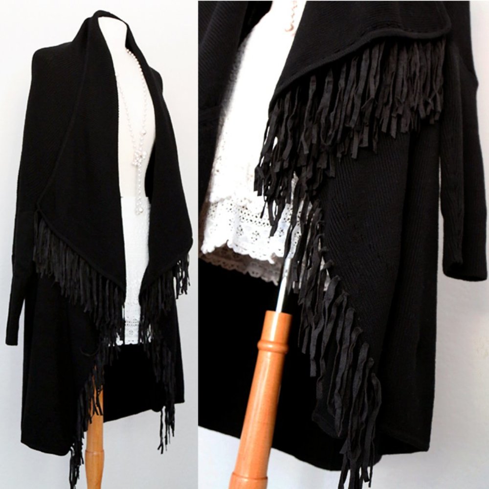 Faux Suede Fringed Waterfall Open Long Cardigan - Picture 2 of 10